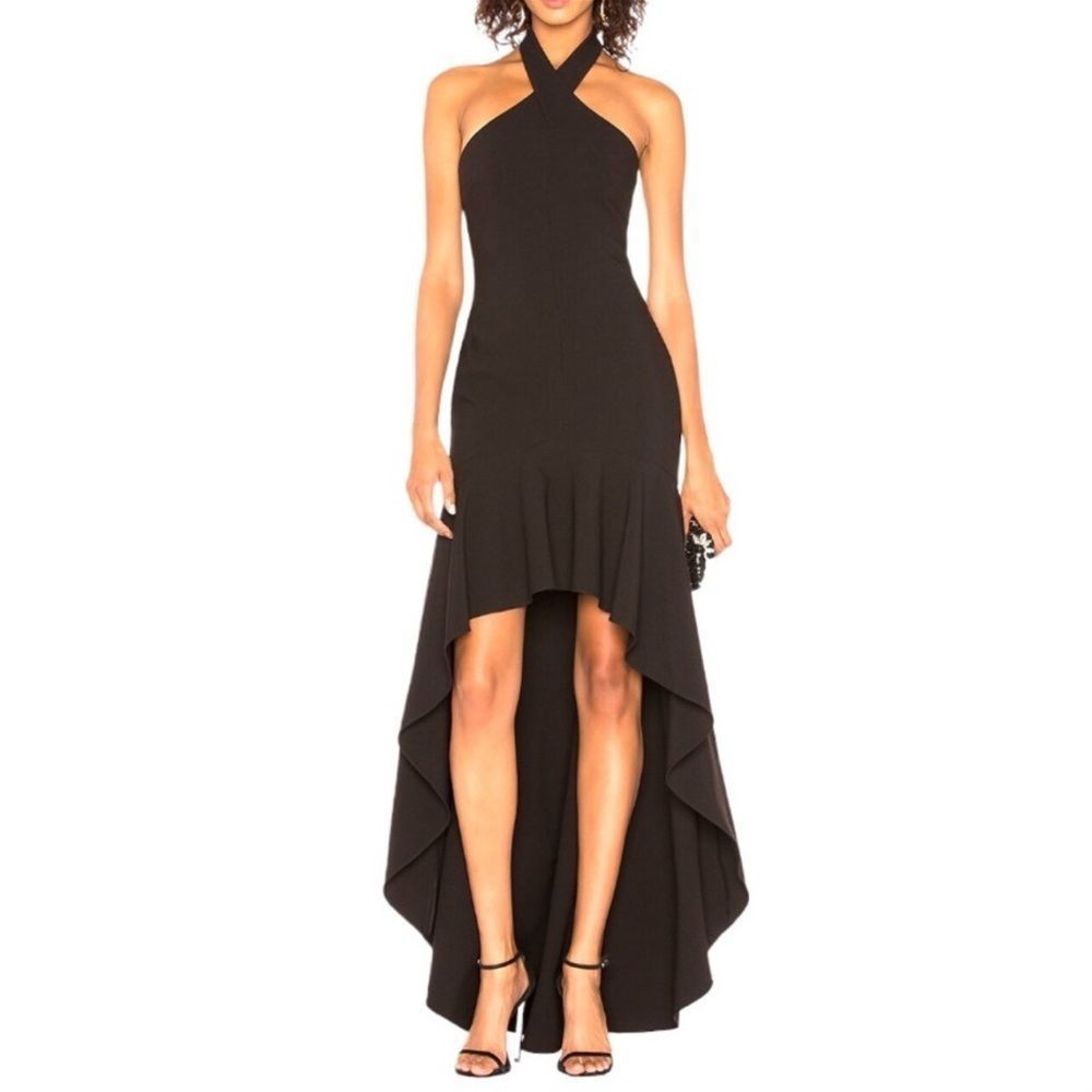 NWT! Likely x Revolve Formal Black High Low Jenny Formal Ruffle Halter Maxi Gown - Picture 1 of 14